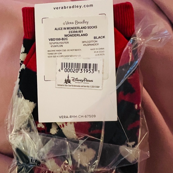 New Disney Parks VERA BRADLEY ALICE IN WONDERLAND Roses Socks - Womens S… - Picture 3 of 4